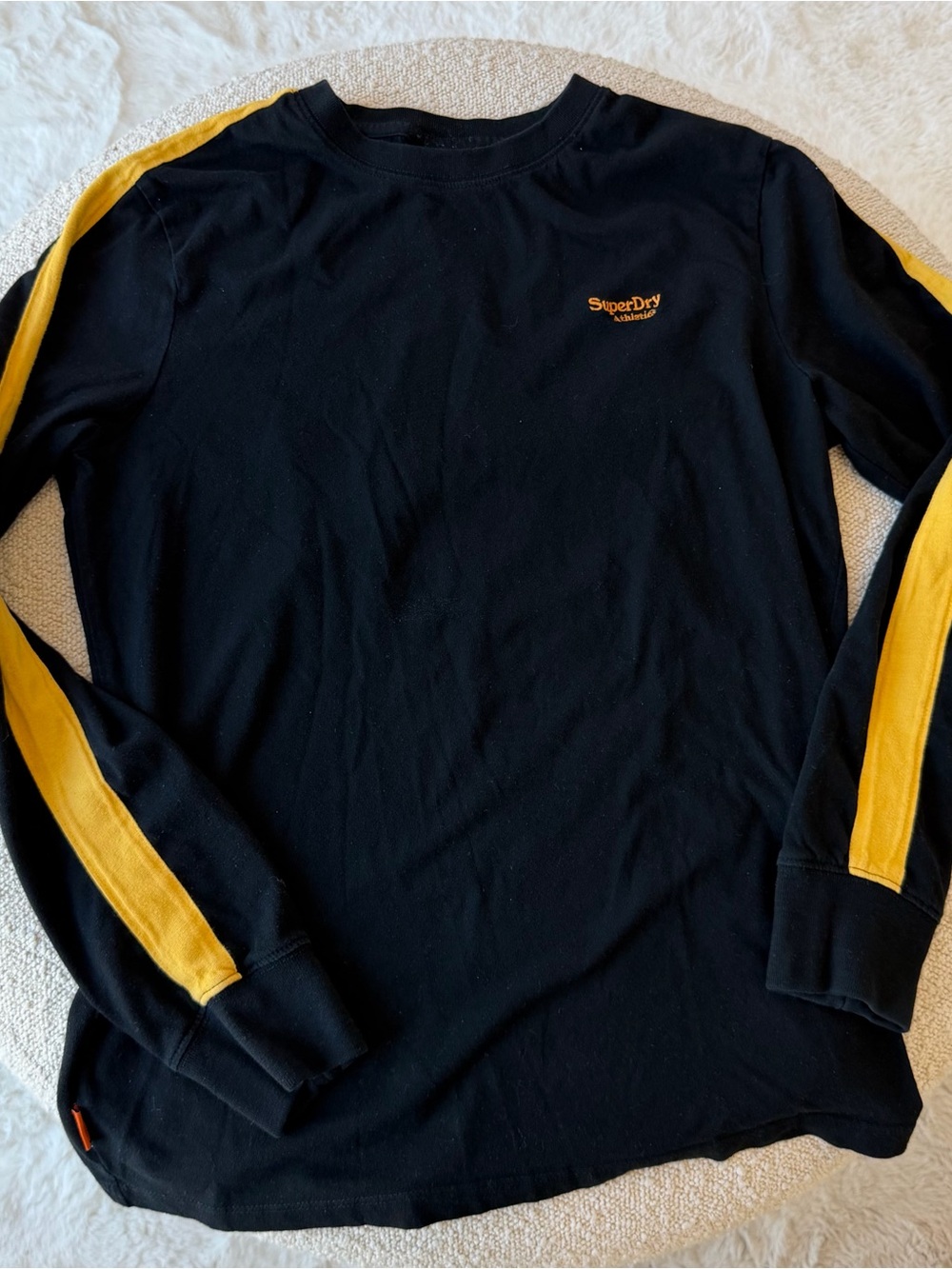 Superdry Black Long Sleeve Tee with Yellow Sleeve Stripes Size S